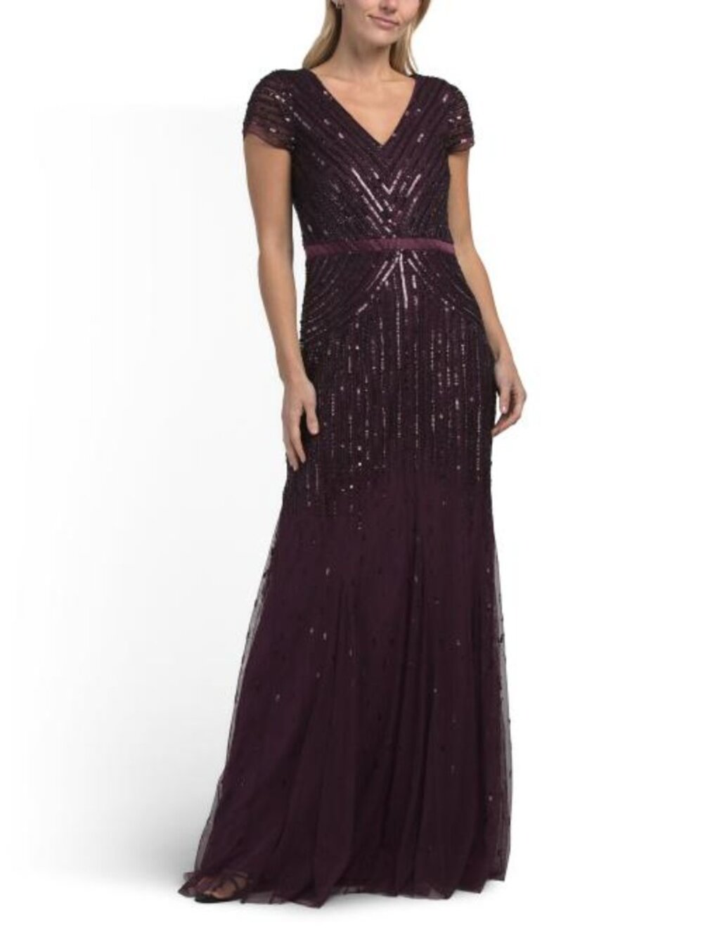 ADRIANNA PAPELL Short Sleeve Embellished Gown